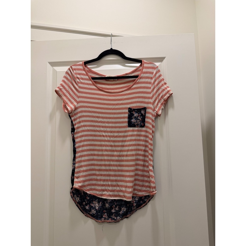 Pink Rose Womens Medium Striped Floral Mixed Media Short Sleeve Top Peach Navy